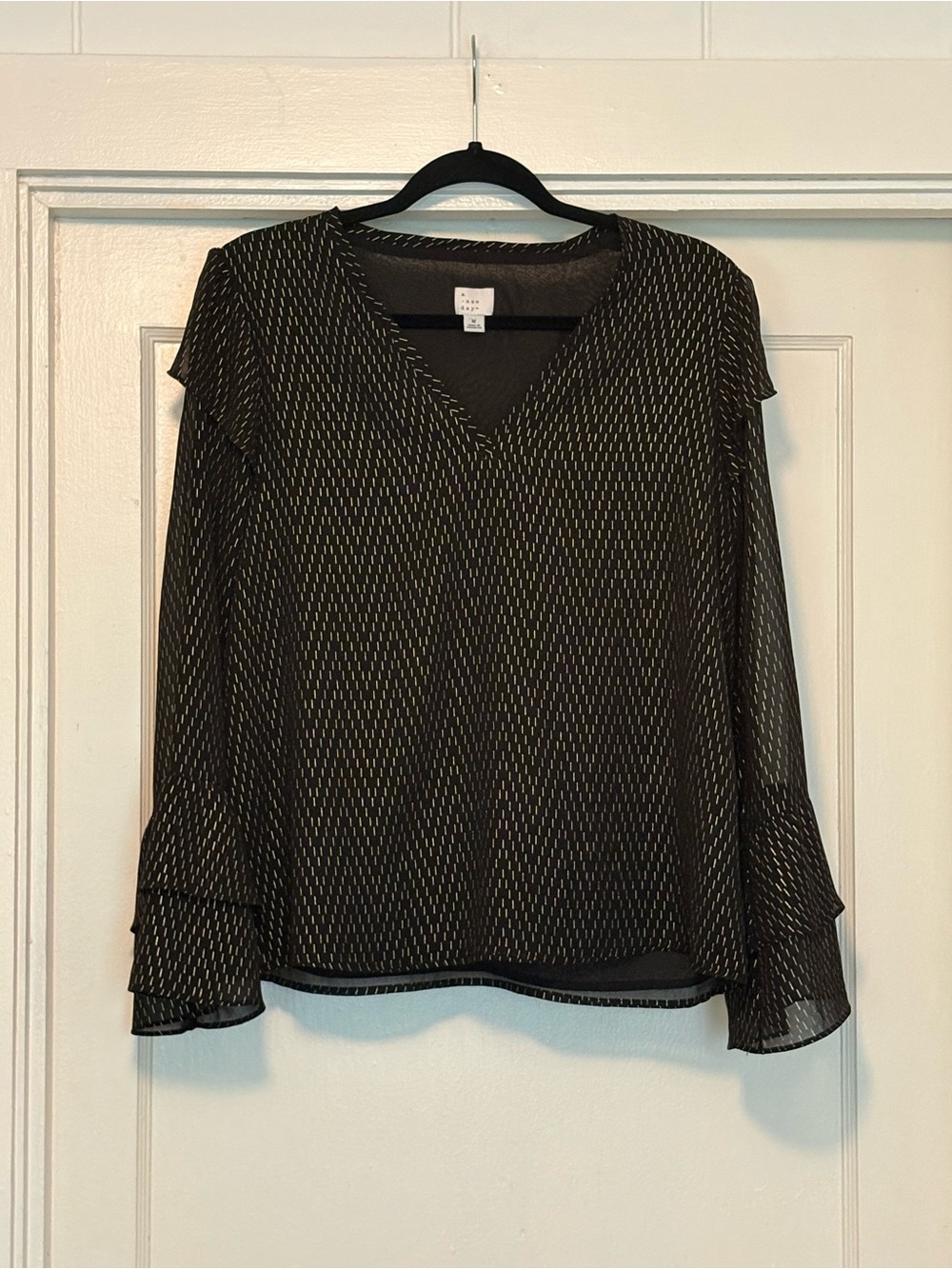 a new day Black V-Neck Blouse with Metallic Gold Dash Print